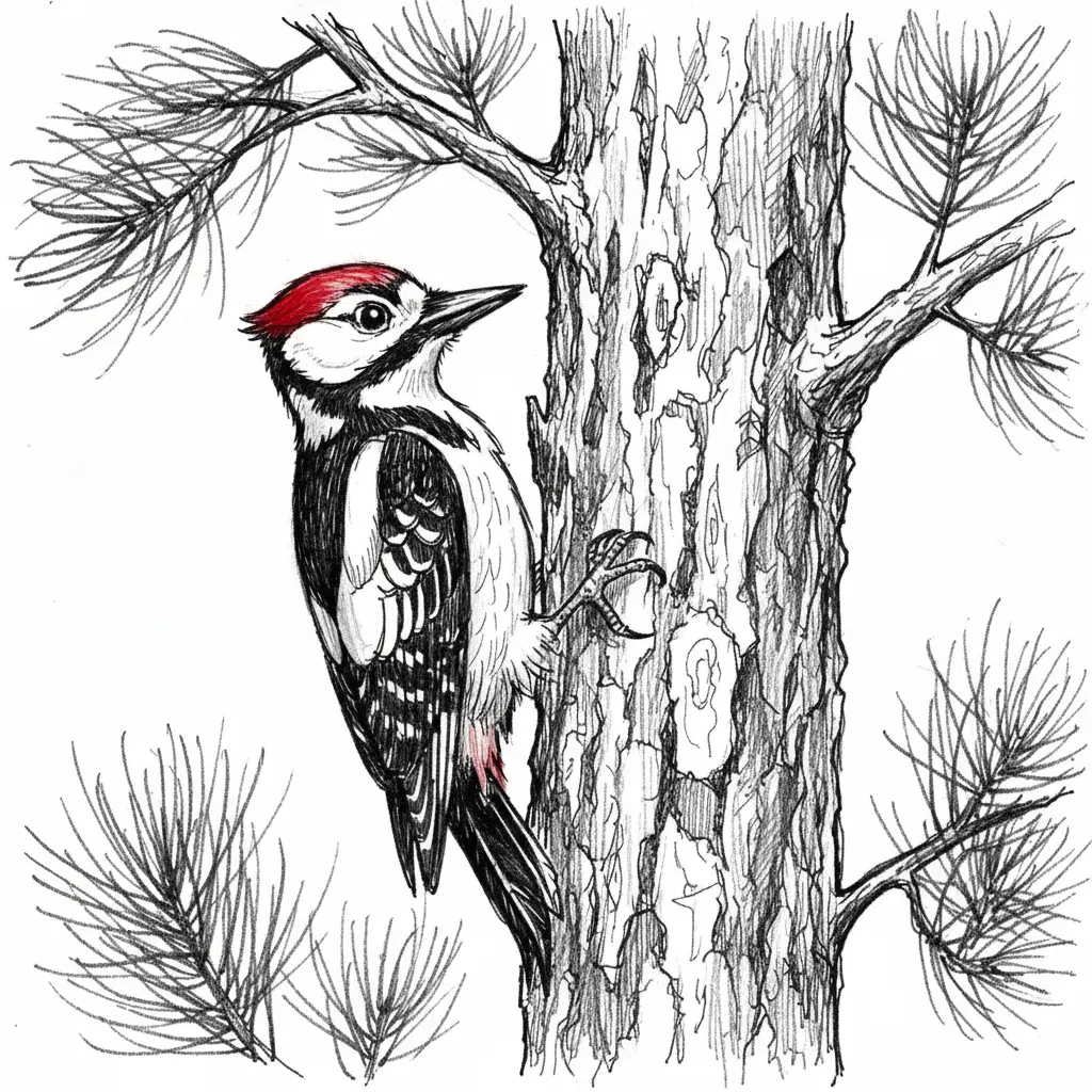 Un pájaro carpintero apoyado en un tronco usando su cola como soporte.