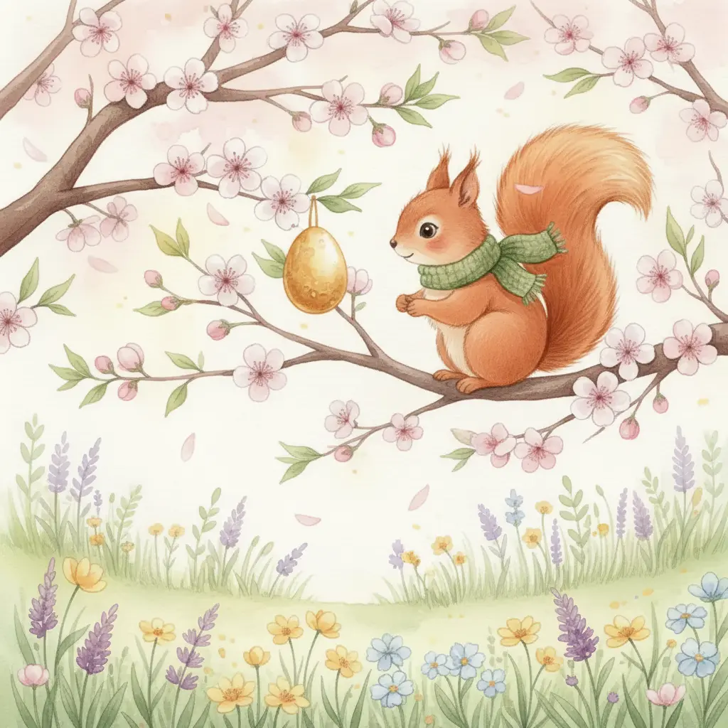 Una ardilla pequeña trepando por un árbol de flores rosas mirando un huevo dorado.