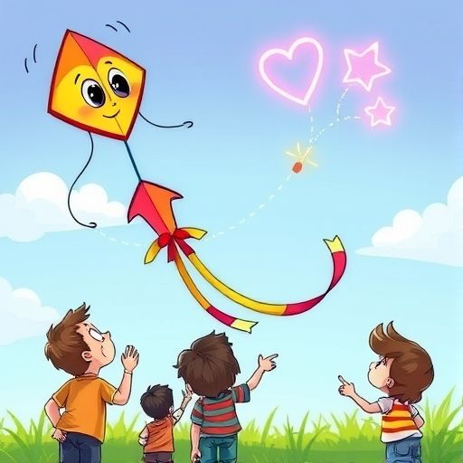 Colores, la cometa, sorprendida al ver que su cola dibuja un corazón y una estrella en el cielo.