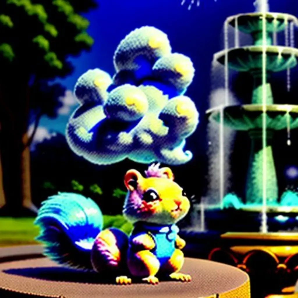 Dira, la ardilla-nube, mirando una piedrecita brillante junto a la fuente de la plaza, con un pichón cerca.