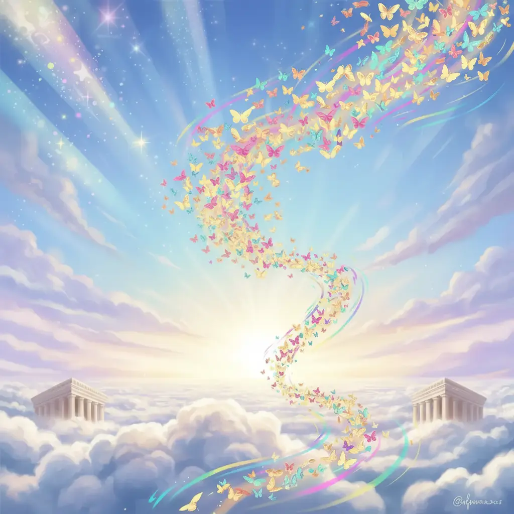 Las mariposas doradas revolotean por todo el Olimpo, llenando el cielo de colores brillantes.