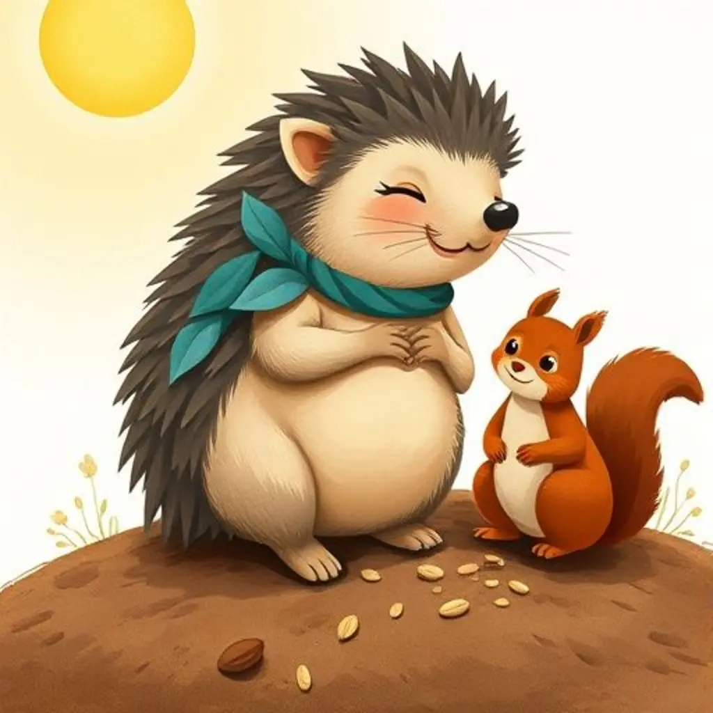 Púas sacude sus espinas para que las semillas caigan en la tierra, mientras la ardilla Cola-suave lo observa feliz.