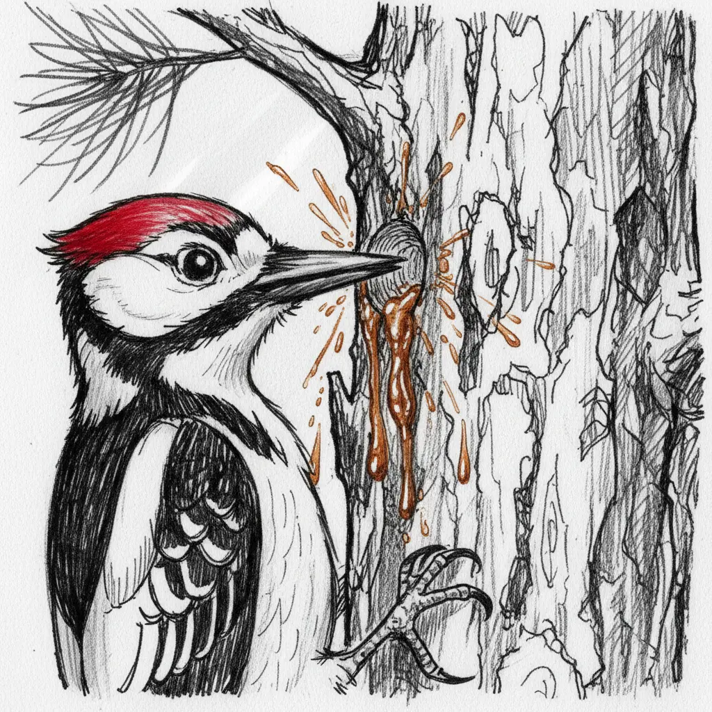 Primer plano del pico del pájaro carpintero perforando un agujero pequeño en la madera.