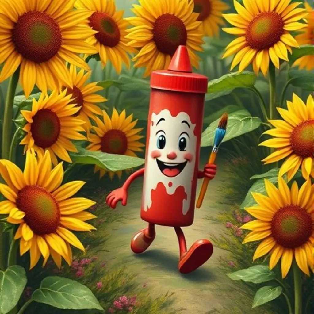 Pintín, Brochín y Brillín luchando entre girasoles altos en el huerto escolar.