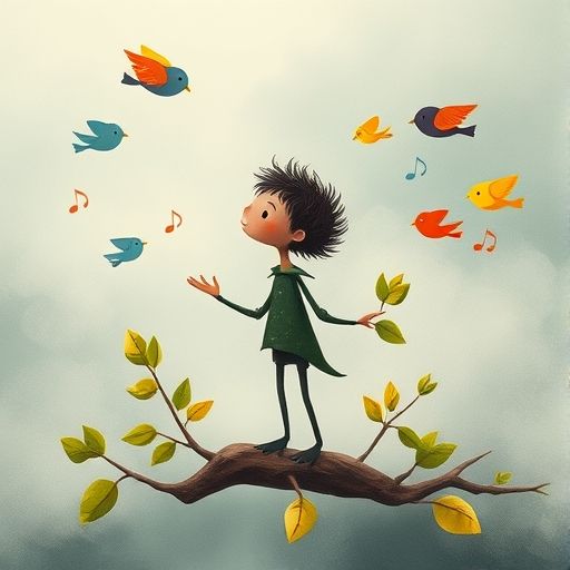 Ramo canta con sus hojas, emitiendo notas musicales que atraen a pájaros felices.