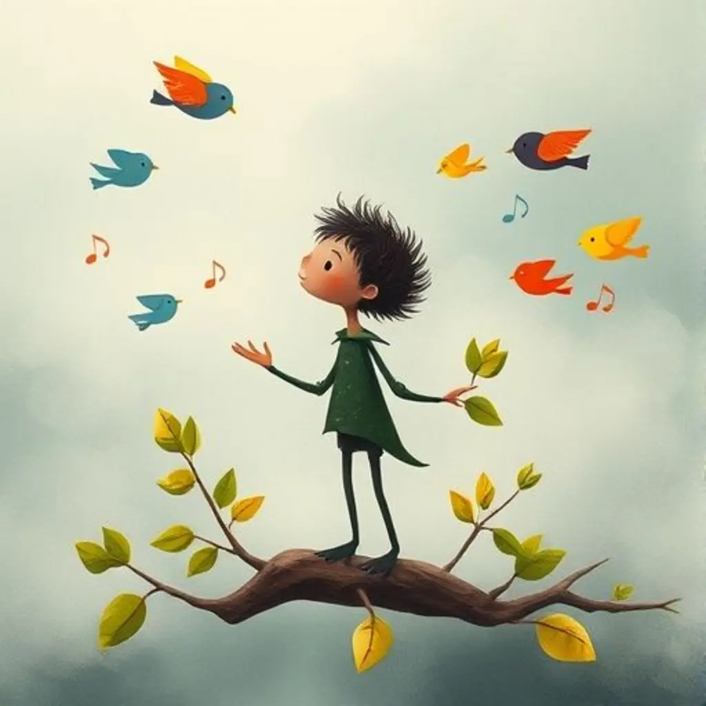 Ramo canta con sus hojas, emitiendo notas musicales que atraen a pájaros felices.