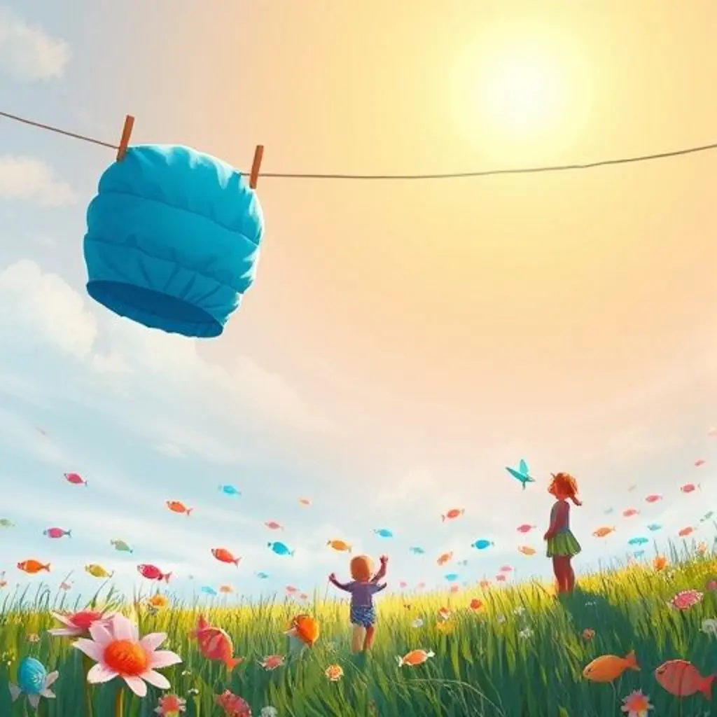 Oceano, el gorro de natación, flota mágicamente en el tendedero, proyectando peces de sombra en el suelo mientras los niños juegan, observado por una mariposa.