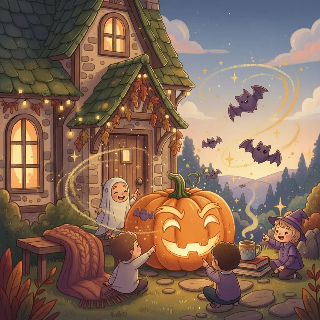 Niños disfrazados de Halloween ríen y se sorprenden con las expresiones cambiantes de Calabaza Mimosa, ahora la 'Calabaza Expresiva'.