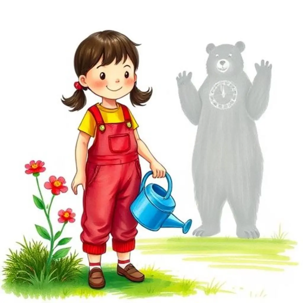 Ana riega las plantas mientras la sombra se convierte en un oso fuerte que baila.