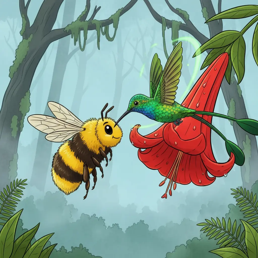 Una abeja grande se acerca a una flor roja mientras el colibrí la vigila de cerca.