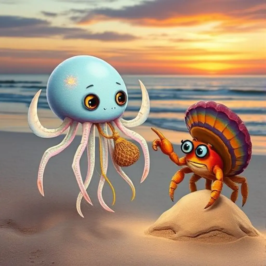 Disio, con desesperación, pide ayuda a Cangrejo Sabio, quien le señala dónde está su bolsita.