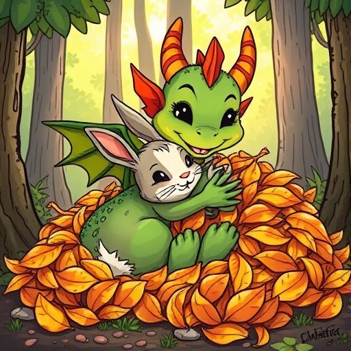 Chispa y Saltarín se abrazan, rodeados de hojas calientes, llenando el bosque de amor.