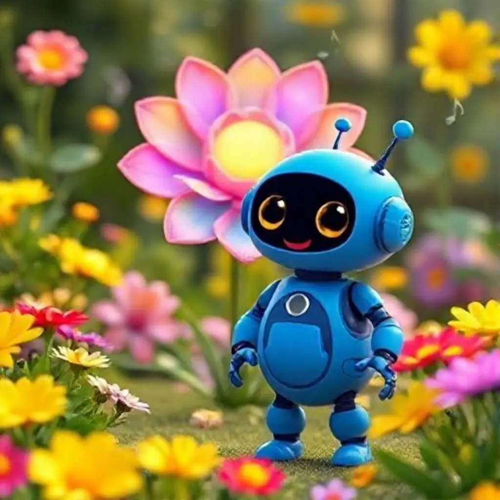 Rolo al lado de la Flor-Eco, que brilla en el centro del jardín cantando.