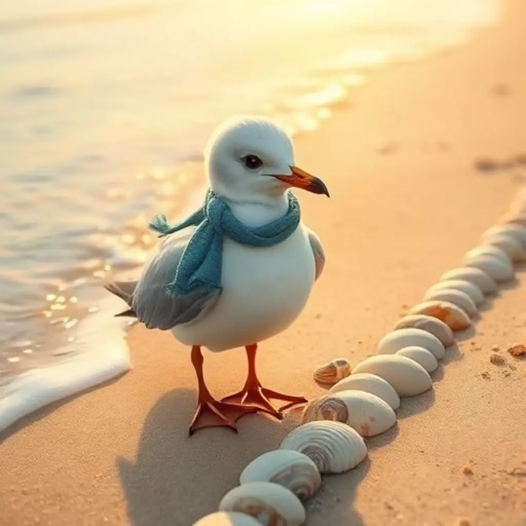 Tina la gaviota escuchando el sonido de las conchas en fila.