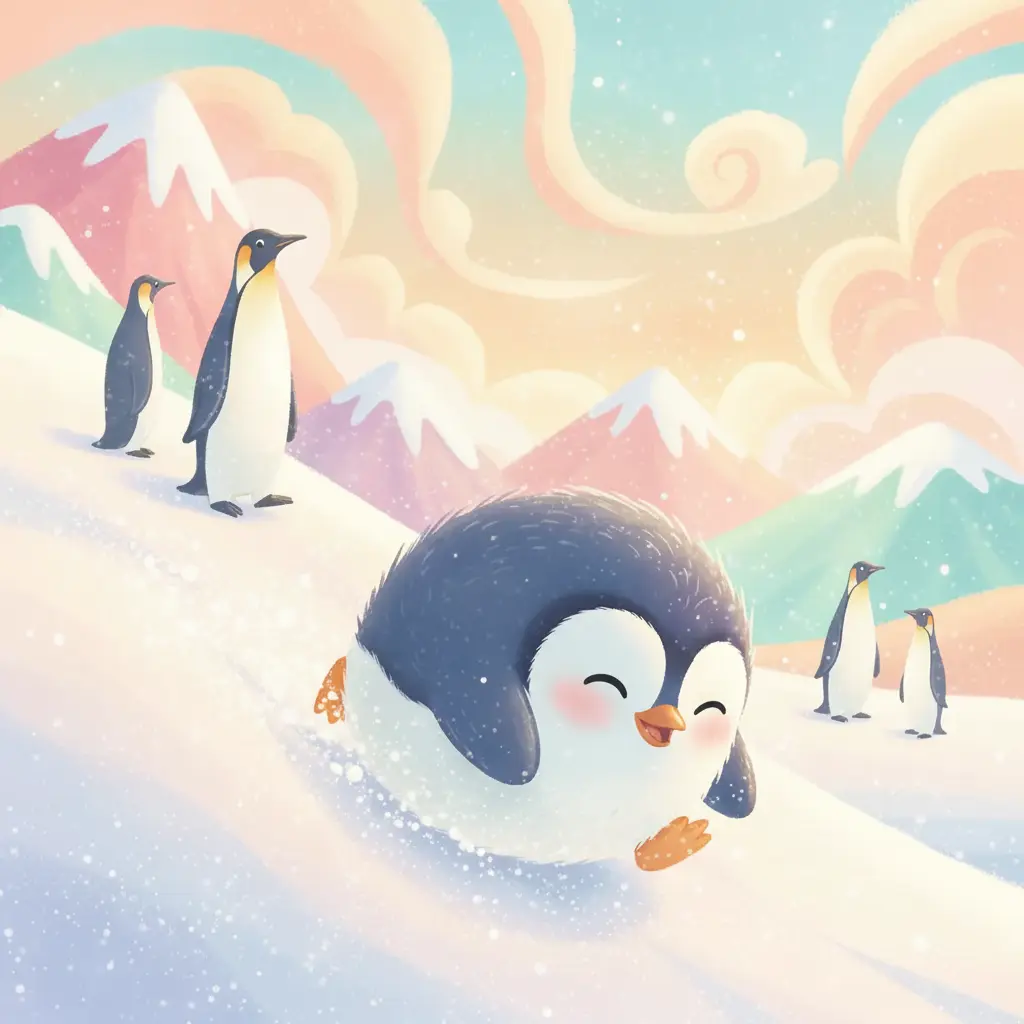 Pip, el pingüino, rodando felizmente por una colina nevada, mientras otros pingüinos waddlean cerca.