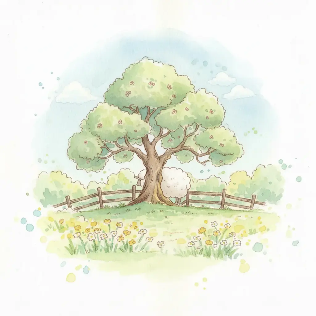 Un rincón de un prado con un árbol frutal donde se asoma un trozo de lana blanca y rizada.