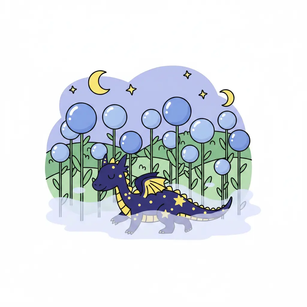 Lyra caminando entre flores azules redondas envueltas en una niebla suave.