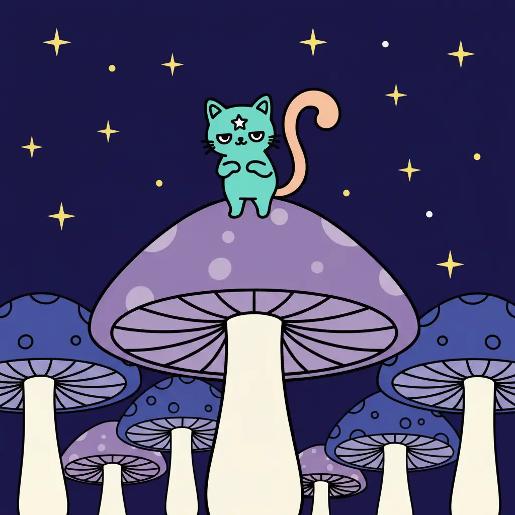 Una pequeña criatura turquesa sobre un hongo violeta gigante bajo un cielo nocturno.