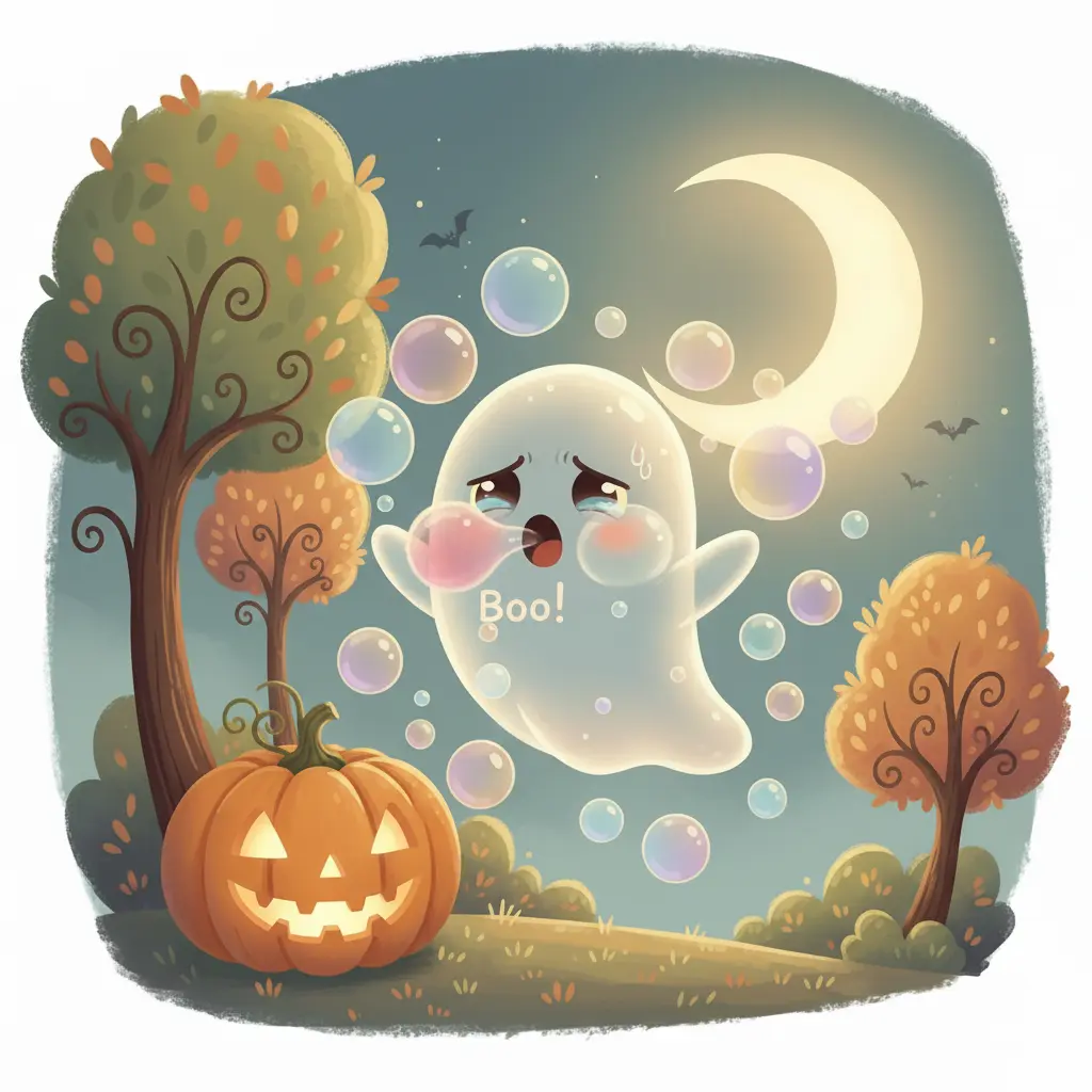 El Fantasma Estornudón practica su 'Buu!' cerca de una calabaza de Halloween.