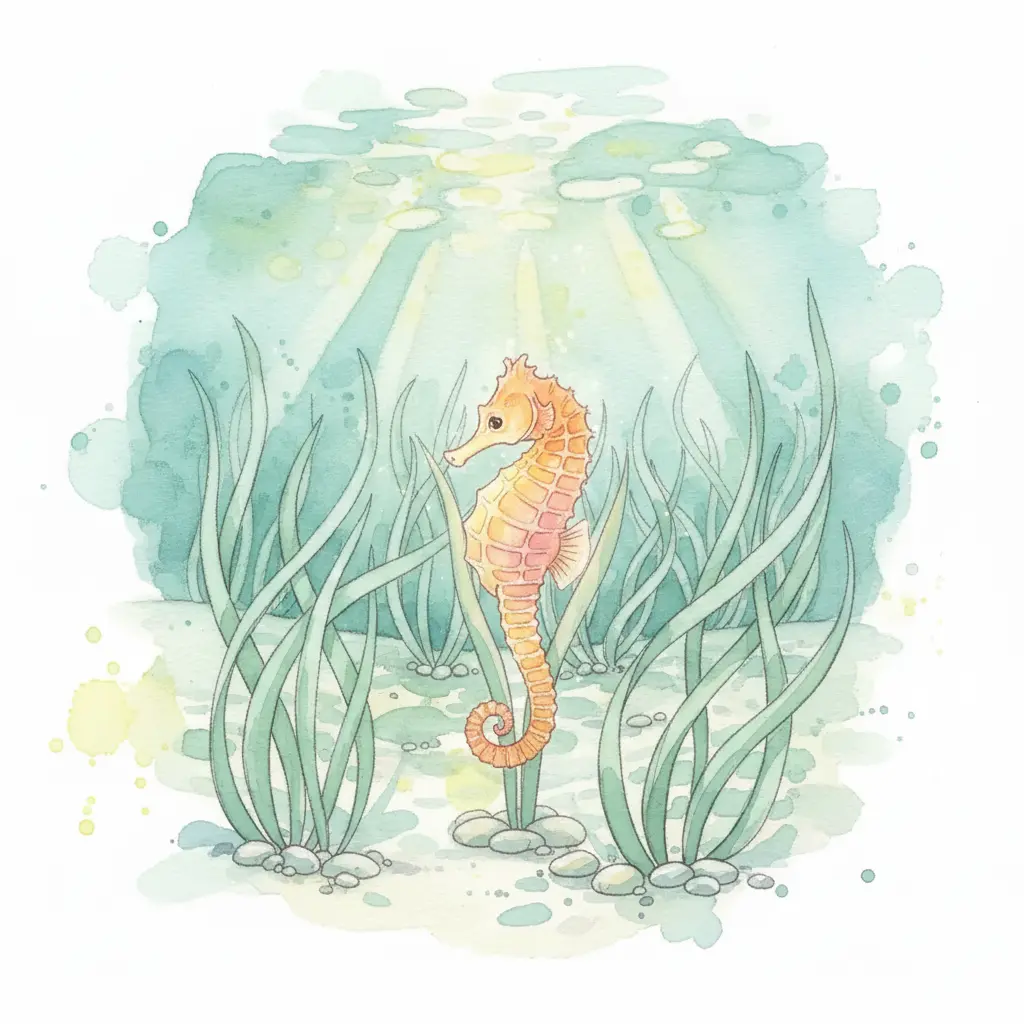 Un caballito de mar dorado completo flota junto a las algas verdes bajo la luz del sol.