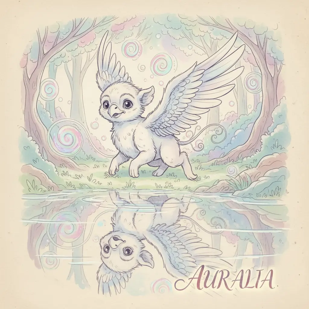 El grifoncito aterriza cerca de un lago tranquilo, y su reflejo baila entre formas mágicas iridiscentes en el agua.