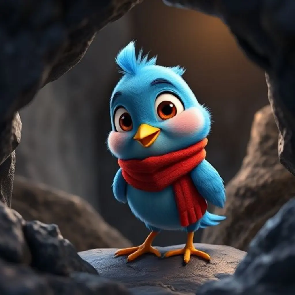 Pío, un pajarito azul con bufanda roja, cantando en una cueva oscura.