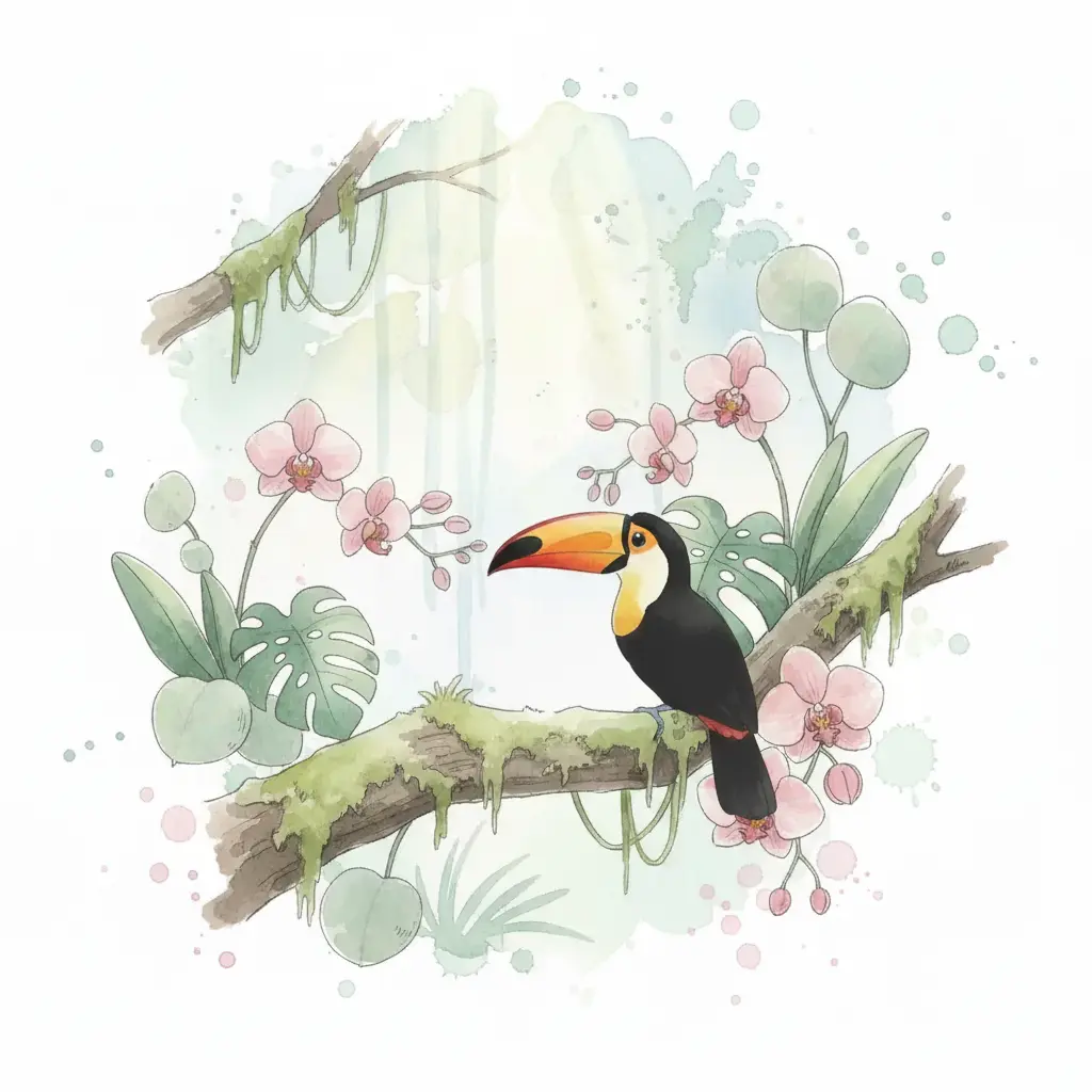 Un gran pico de color naranja y amarillo asoma desde la sombra en una rama de la selva.