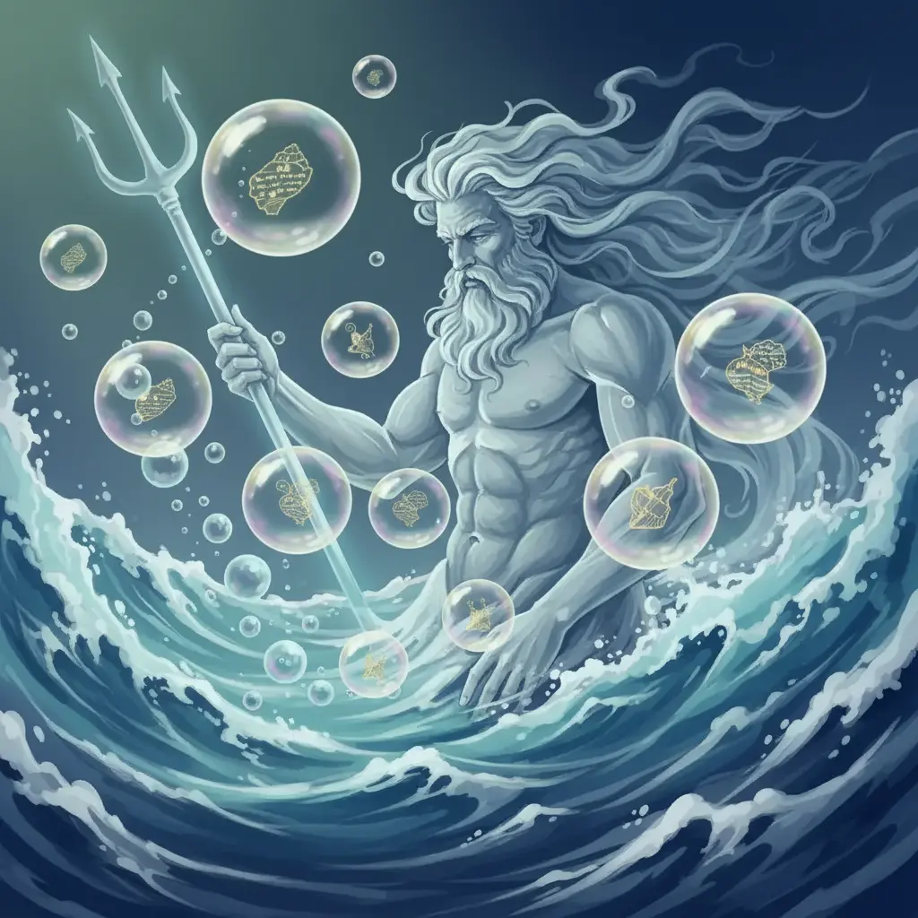 De la punta del tridente de Poseidón nacen burbujas gigantes con mensajes de caracolas.