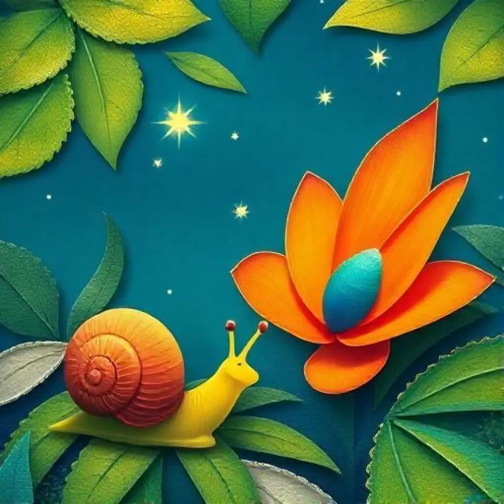 Pip el caracol se acerca a una bromelia misteriosa que cambia de color azul en un bosque de ensueño.