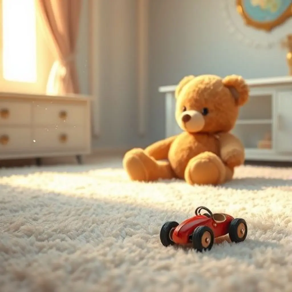 Ojo Curioso, un botón brillante, desprendido de un osito de peluche, sobre una alfombra suave.