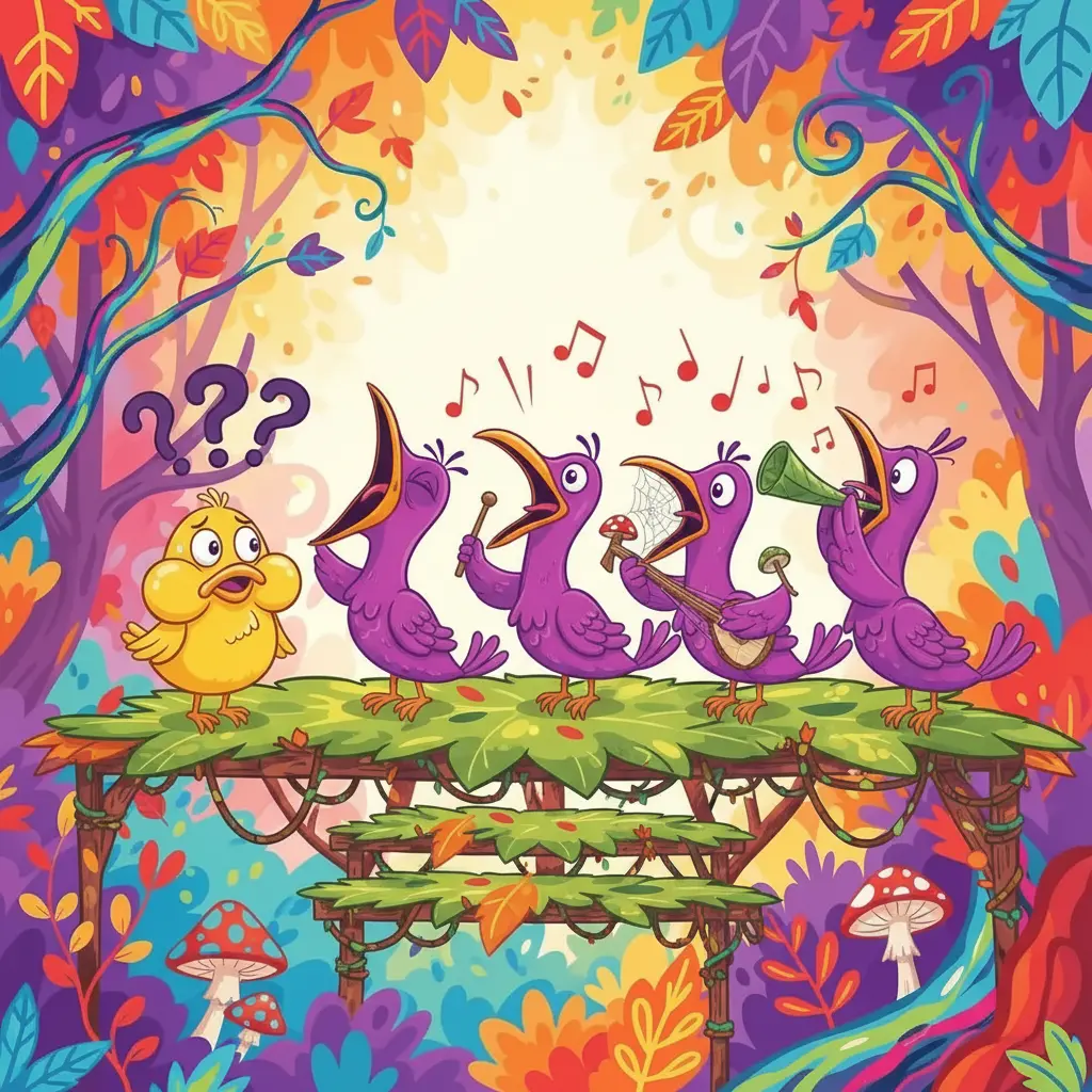 Los pájaros en un escenario improvisado, uno de ellos con una expresión de preocupación.