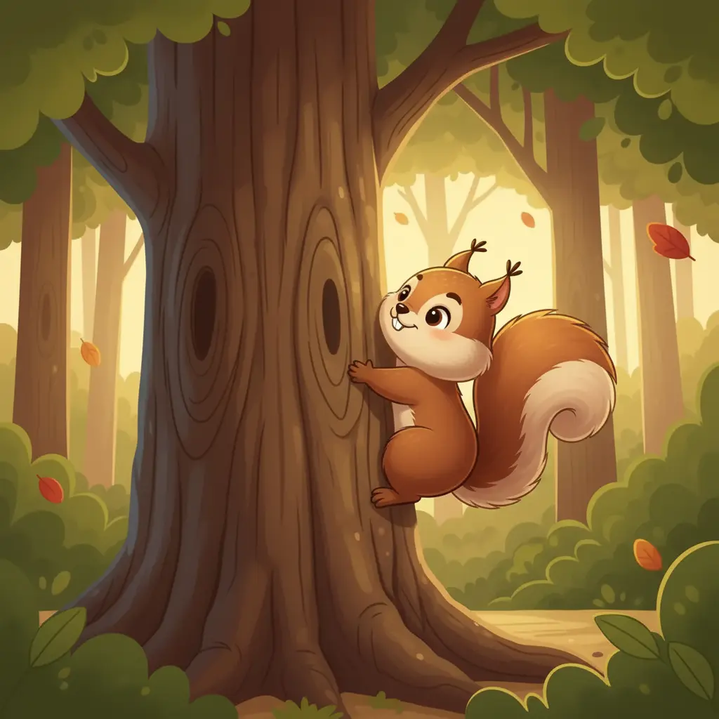 Pelusa la ardilla trepa con agilidad el tronco rugoso de un roble gigante.