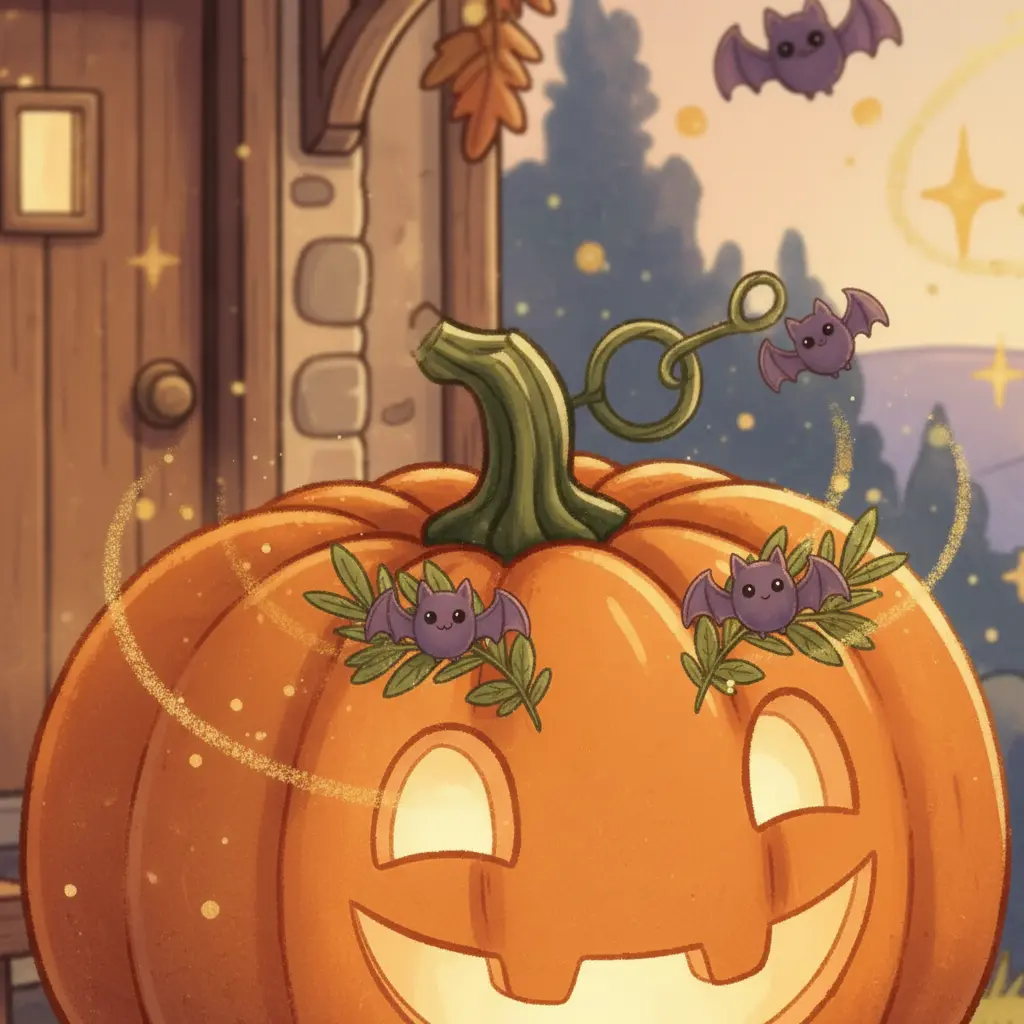 Un murciélago se mueve en el tallo de Calabaza Mimosa, y sus hojas-cejas cambian de posición, mostrando asombro.