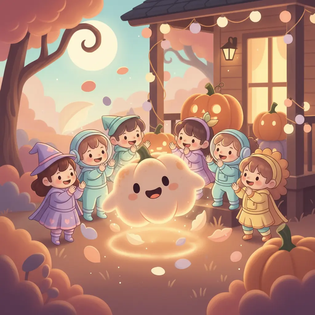 La calabaza de Boo-Blando sigue rebotando, rodeada de niños felices que disfrutan de su magia en la noche de Halloween.