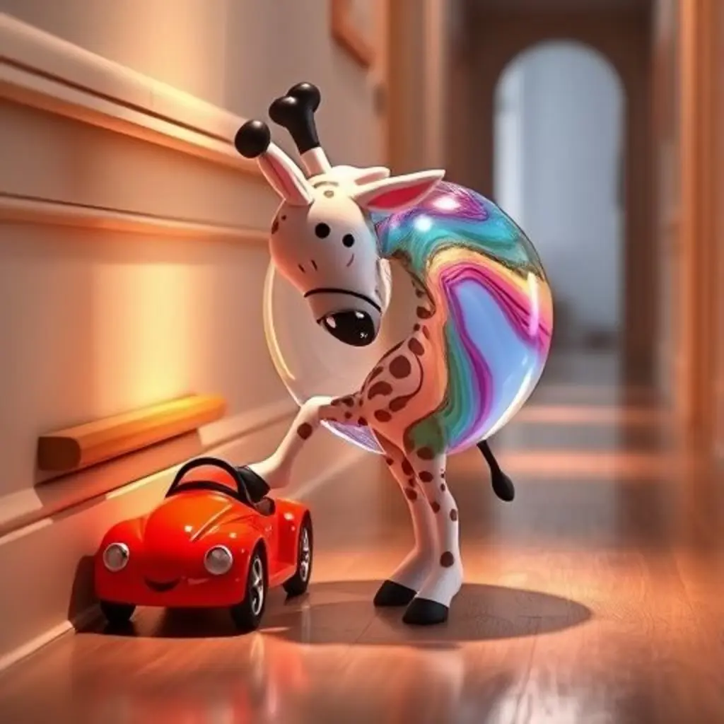 Gira, la canica, toca la pata de un banco cerca de un cochecito de juguete rojo.