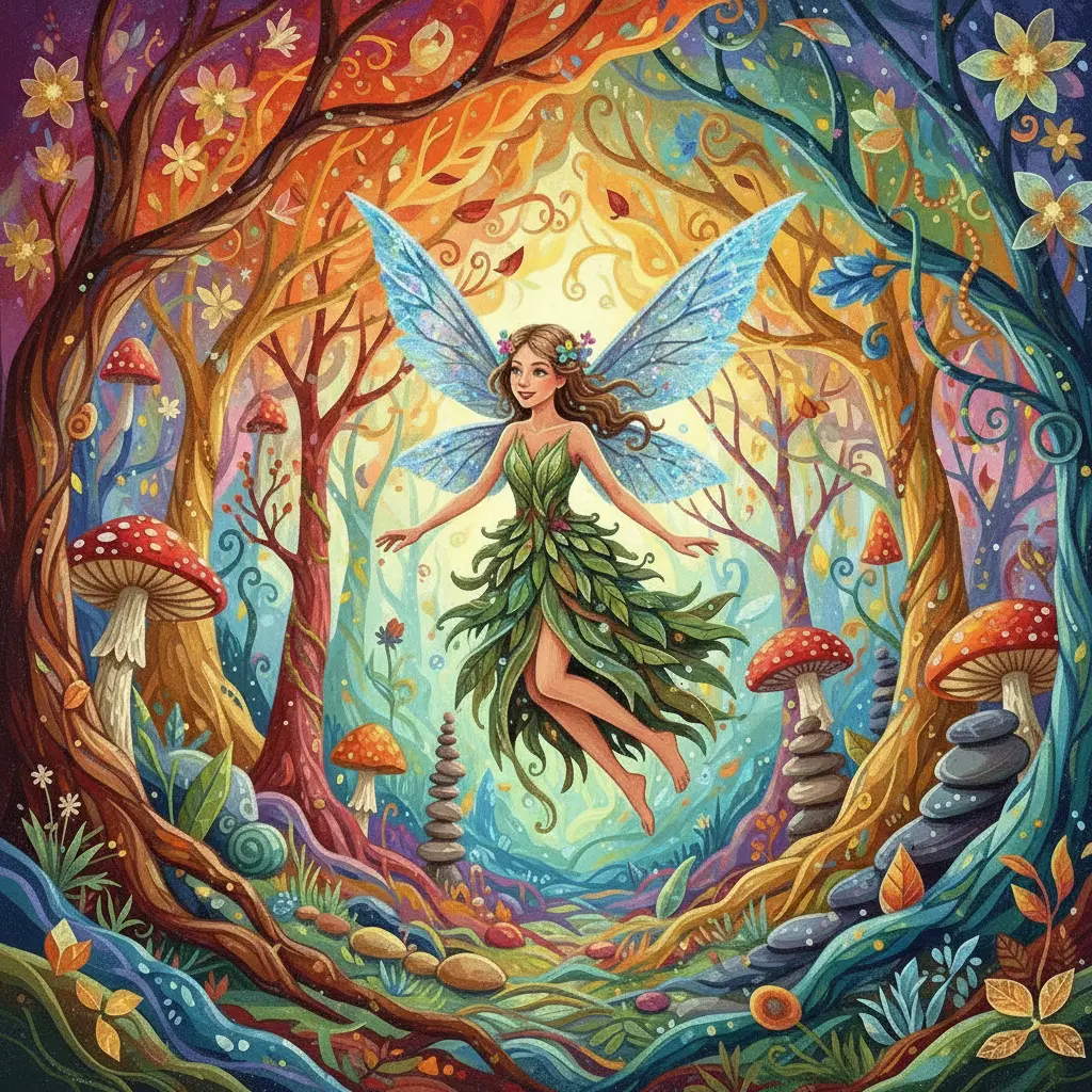 Lira, un hada traviesa con alas de escarcha, vuela feliz por el bosque de Auralia, donde árboles y rocas cambian de forma.