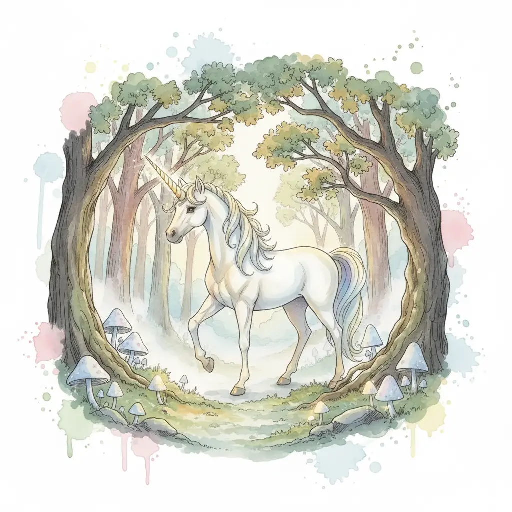 Un unicornio blanco y radiante completo en el centro del bosque iluminado.