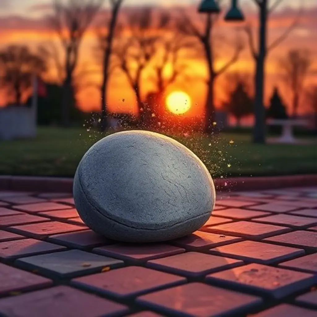 Saltarina al atardecer, rodeada de un aura brillante de deseos recogidos, en un tranquilo patio de juegos con colores cálidos.