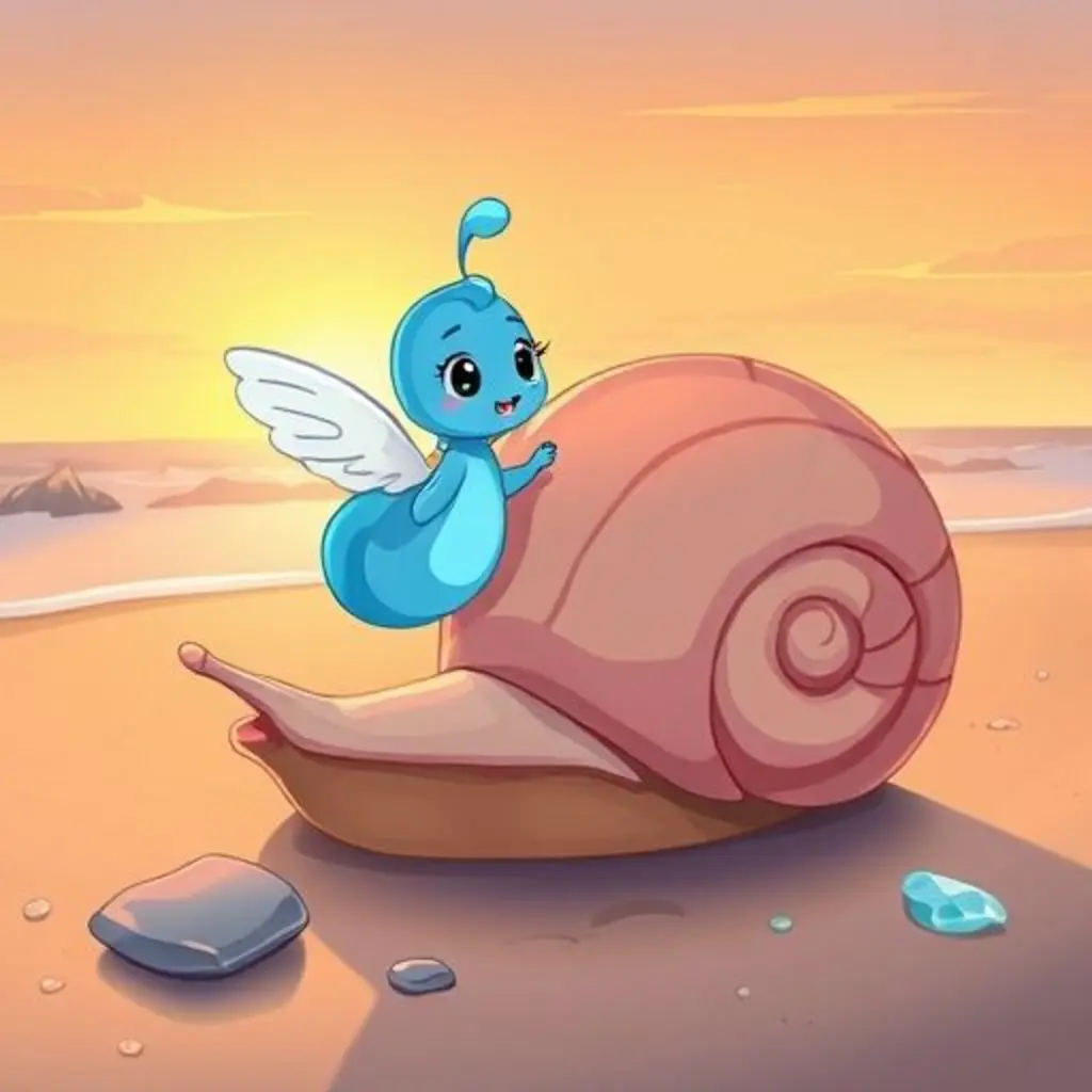 Kina, la nota musical, conversando con una concha de caracol en la playa.