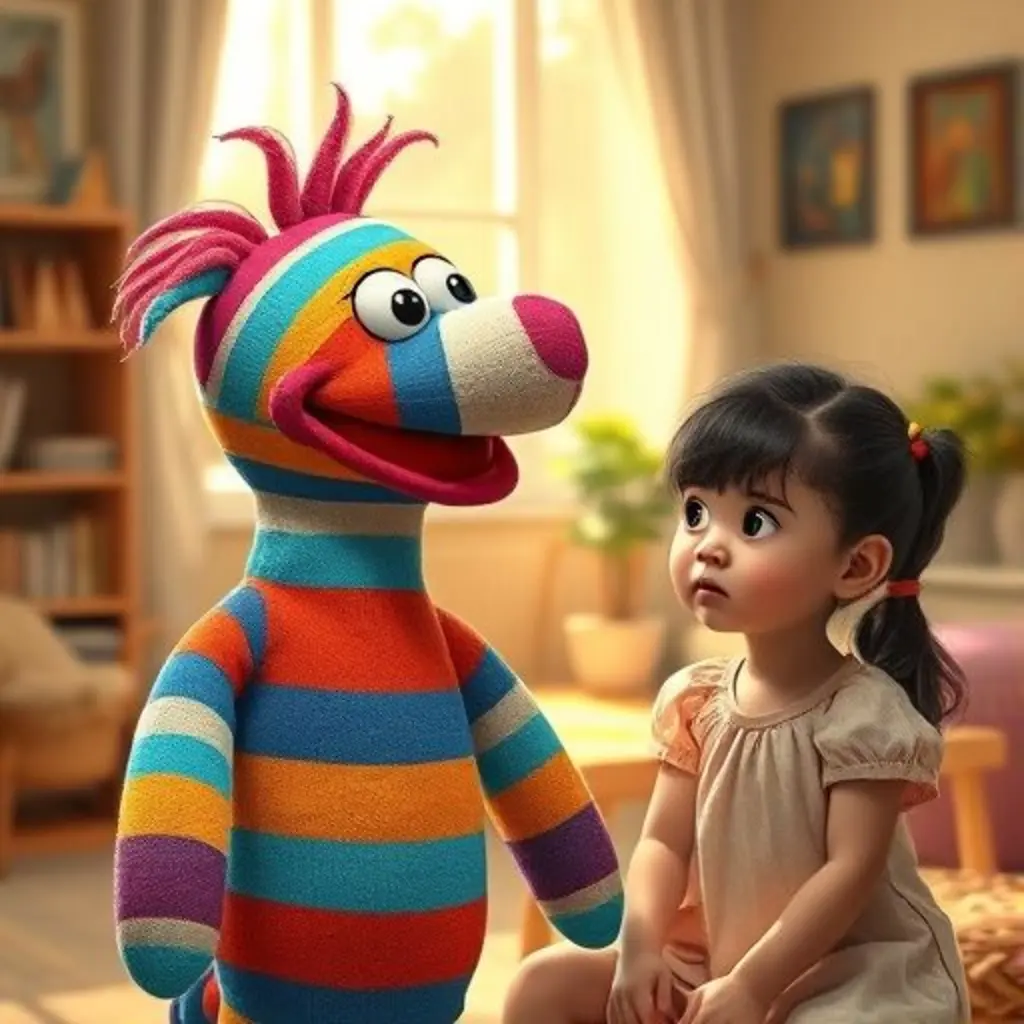 Rayitas, una marioneta de calcetín, con rayas azules junto a una niña pensativa.