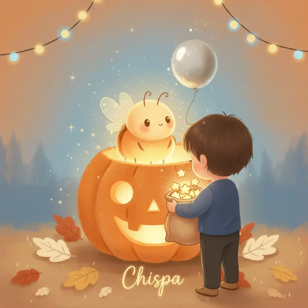 El niño mira su bolsa de caramelos brillantes, mientras Chispa irradia felicidad.