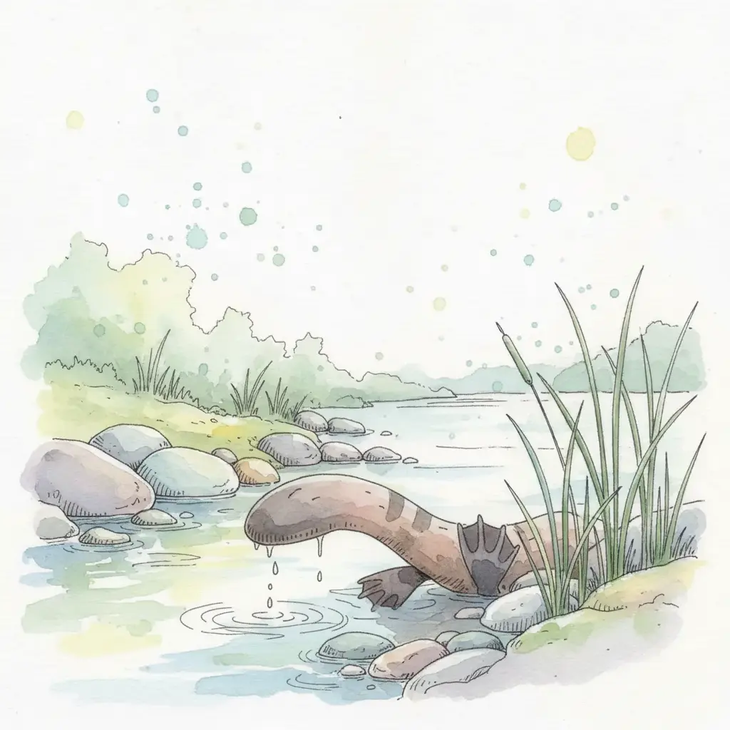 Asoma un pico plano como el de un pato junto a las patas y la cola, el cuerpo sigue en sombra.