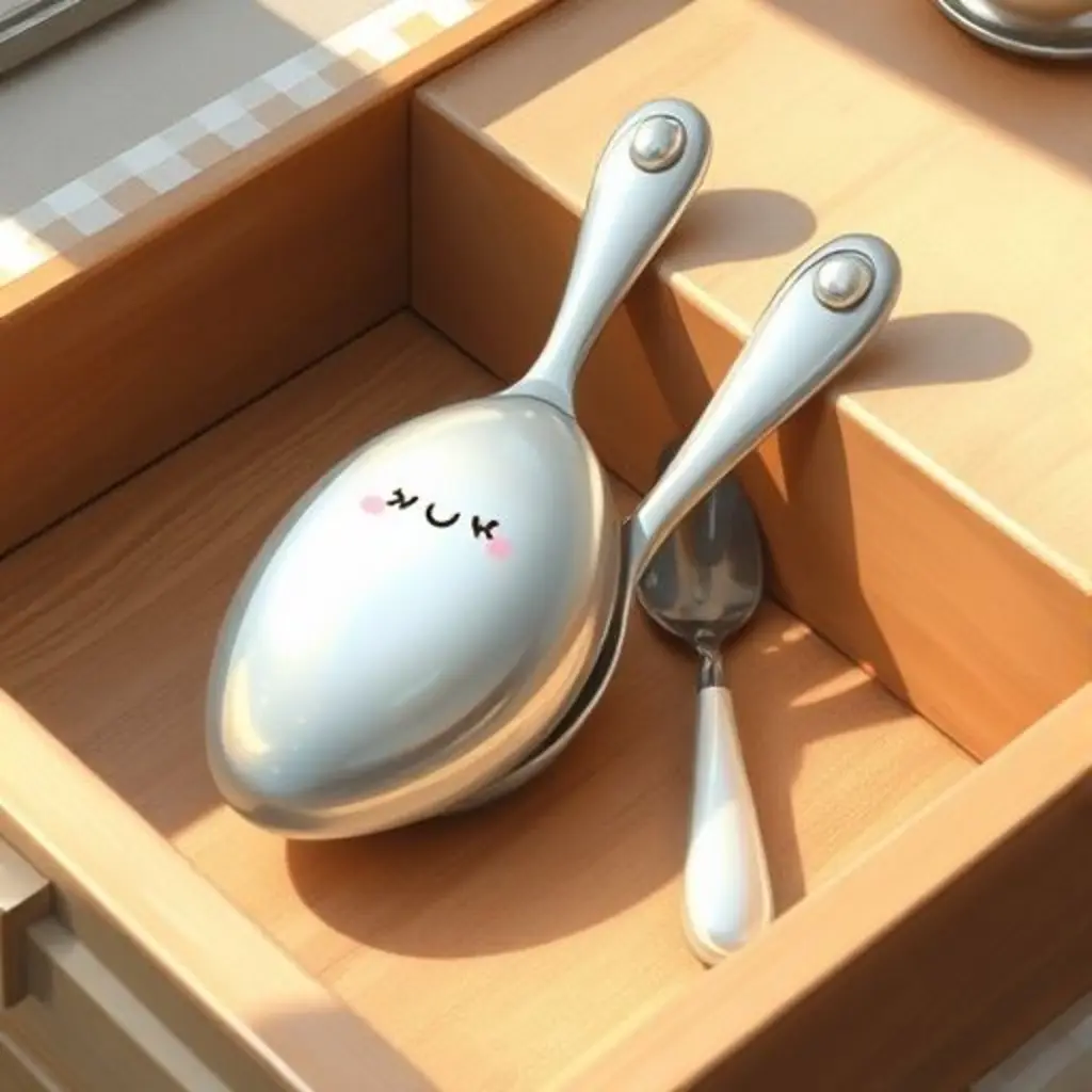 Dulce Giro, una cuchara de helado brillante, descansa en un cajón de utensilios bajo un rayo de sol.