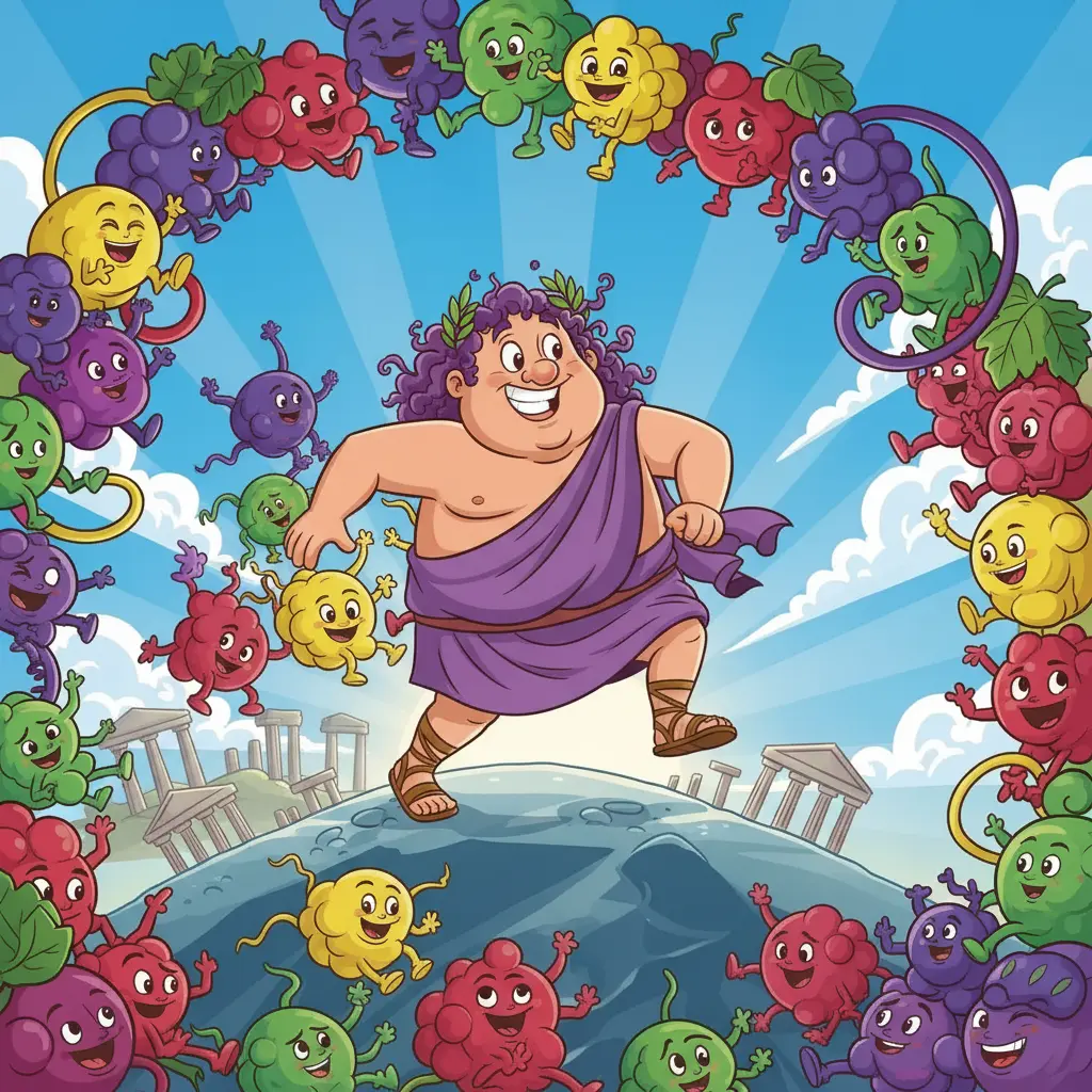 Las uvas sonrientes persiguen a Dionisio con mucha energía.