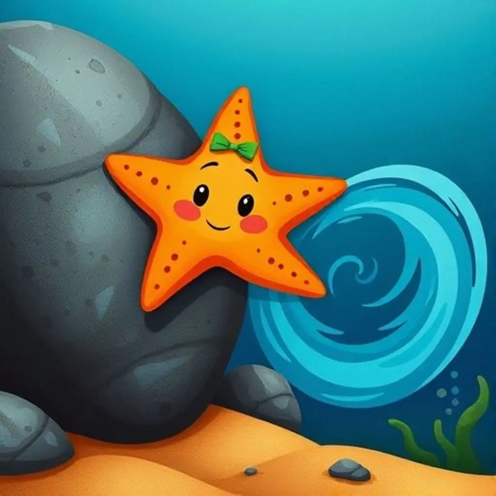 Una pequeña estrella de mar naranja pegada a una roca mientras una corriente la suelta.