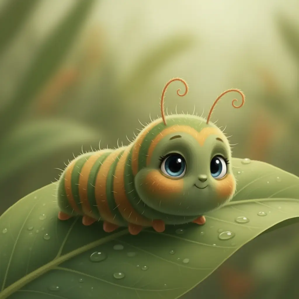 Una oruguita verde, Comilona, se arrastra despacio sobre una hoja grande.