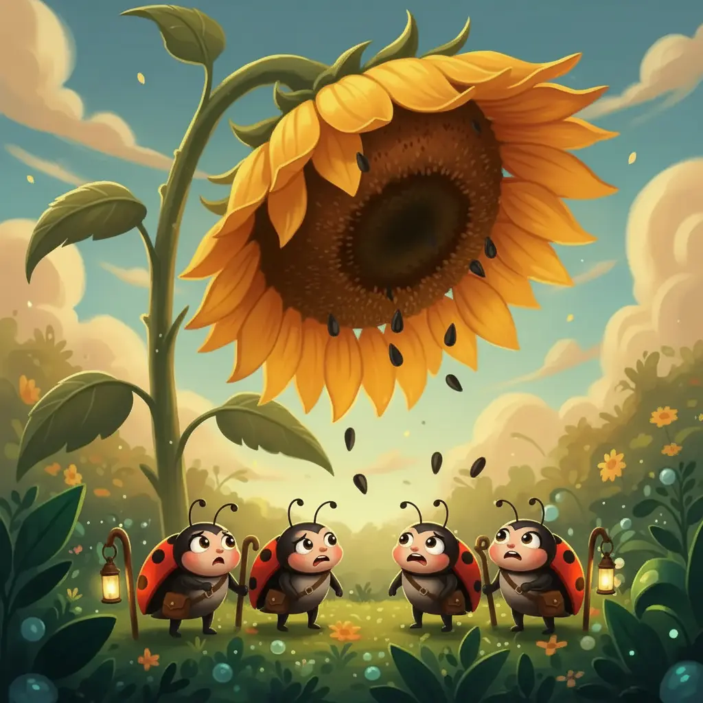 La Patrulla Escarabajo mira con preocupación un girasol gigante y triste.