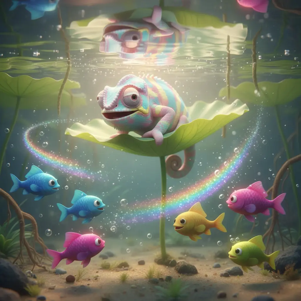 Peces de colores juegan con los reflejos de los arcoíris en el agua, mientras Zzzzz sonríe feliz.
