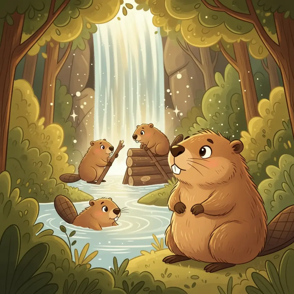 Damián, un castor de ojos grandes, esquiva el agua del río mientras otros castores construyen.