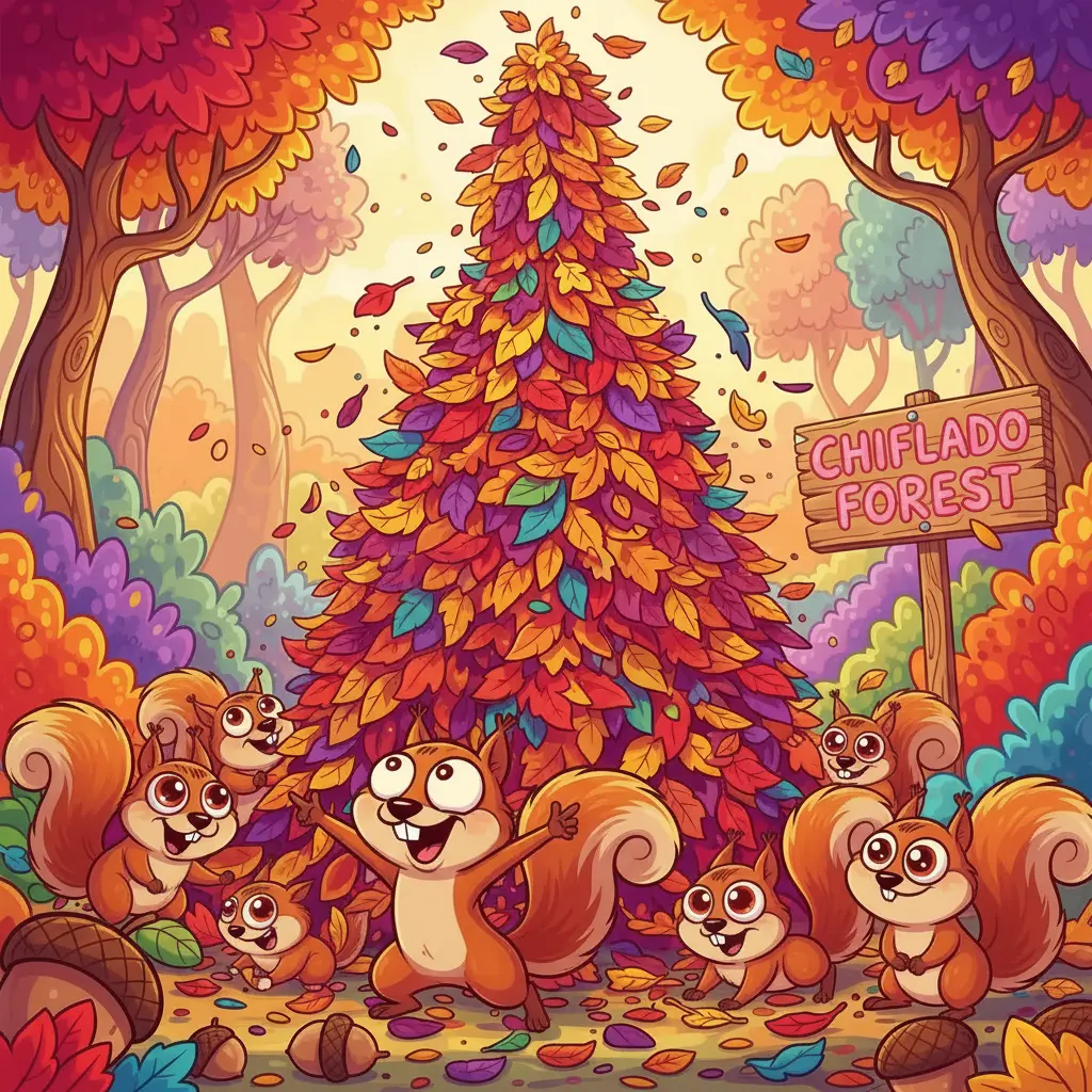 Una ardilla señala una montaña de hojas que llega casi al cielo.